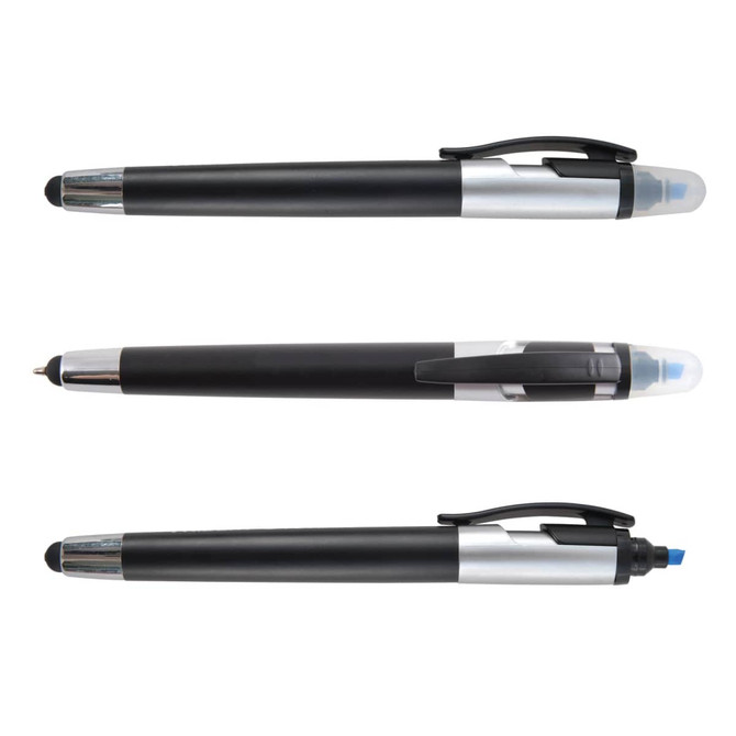 A collection of three black and silver pens, each with a stylus tip and a highlighter at one end.