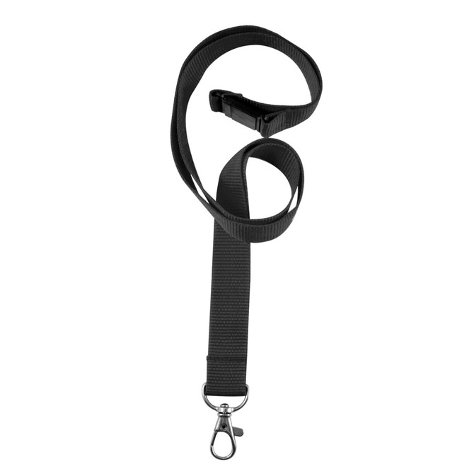 A black woven lanyard featuring a metal clip and an adjustable buckle.