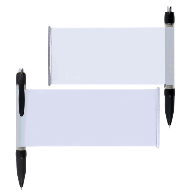A plastic pen in black with a clear banner area for customization, featuring a simple design with a clip.