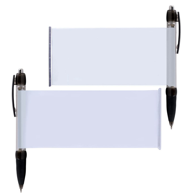 A plastic pen displaying a clear banner section, with a black grip and silver clip.