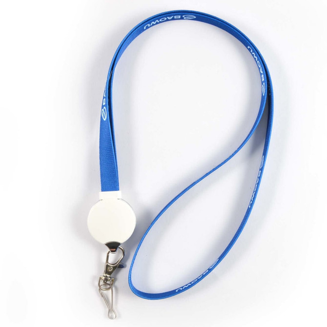A blue lanyard with a retractable badge reel is displayed. The lanyard features a clip for attaching items.