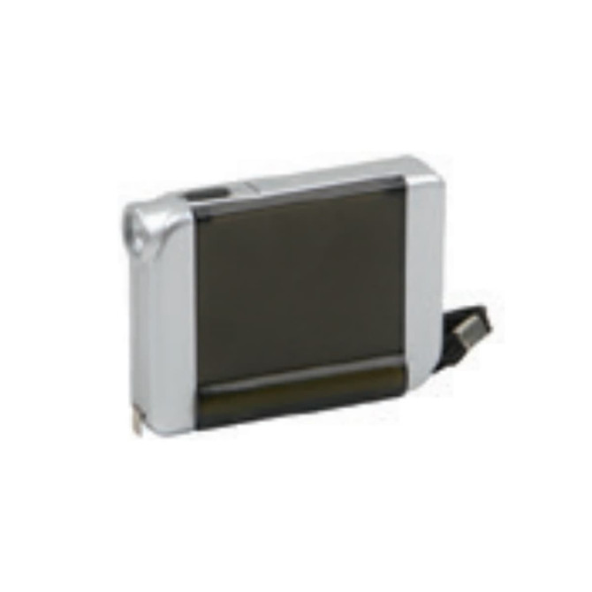 A silver and black tape measure with an integrated LED light, featuring a retractable measuring tape and a logo.