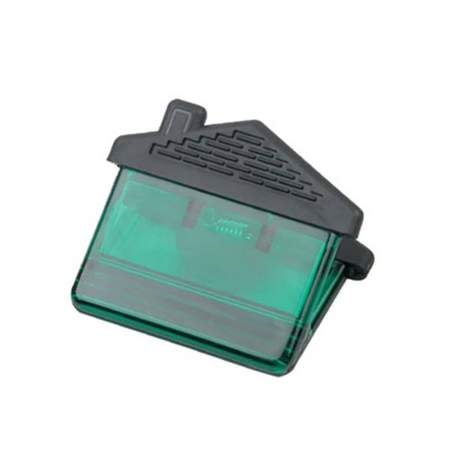 A house-shaped clip in green with a black accent and a built-in magnet for holding papers.