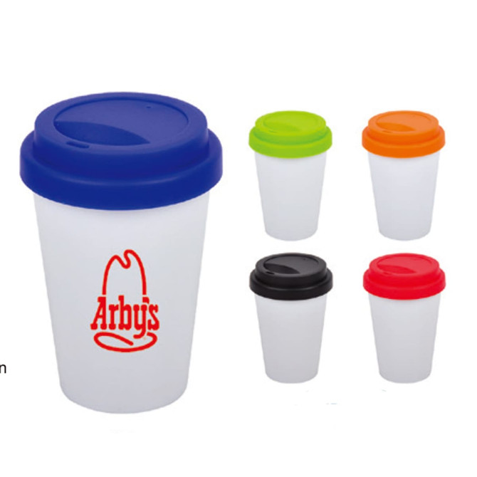 A drink bottle featuring a white body with various coloured lids, including blue, green, orange, black, and red.