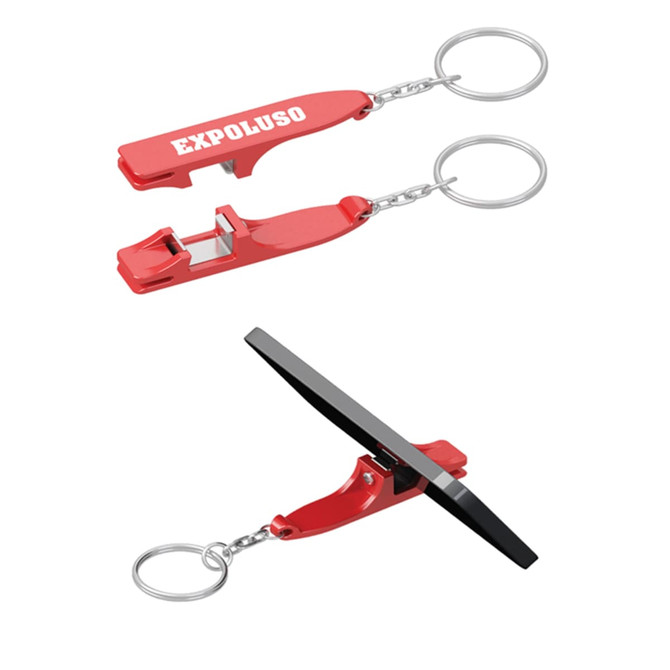 A red mobile stand with a built-in bottle opener, featuring a keyring attachment, and a black stand component.