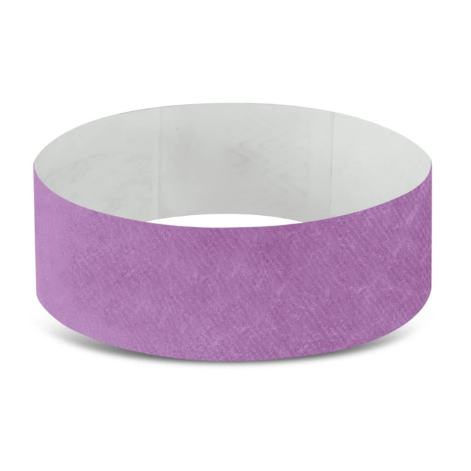 A purple Tyvek event wristband, featuring a smooth texture and a flexible design. It has a simple logo visible.
