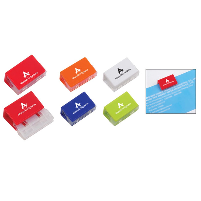 A set of multi-coloured mini staplers in red, orange, green, white, and blue, with one featuring a logo.