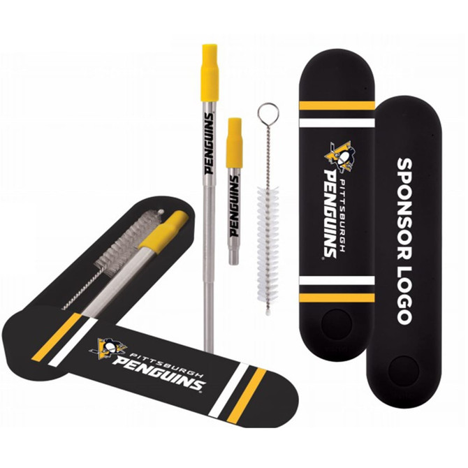 A drink bottle featuring a black and yellow straw set, including a cleaner and a case with a logo.