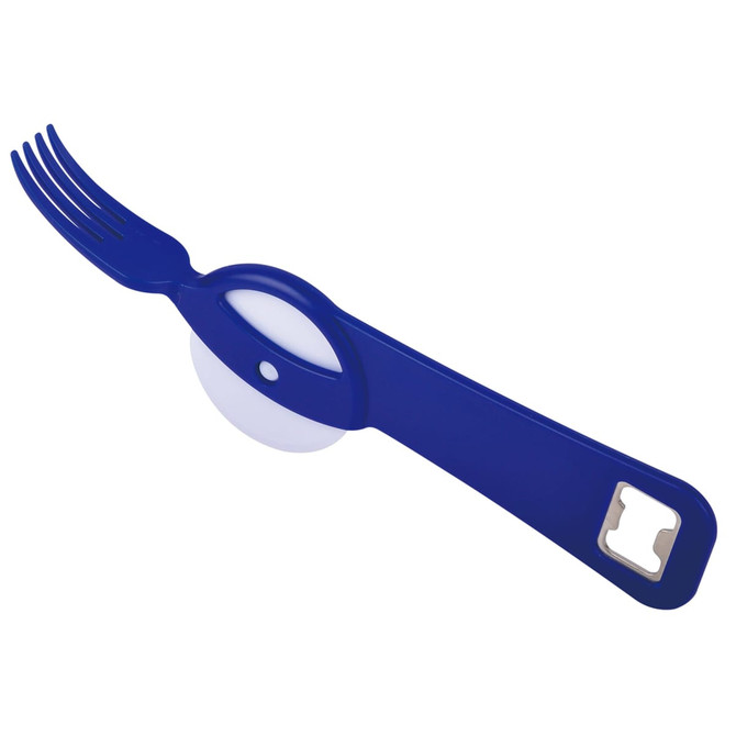 A blue pizza cutter with a fork-like handle and a built-in bottle opener. The product features a logo.