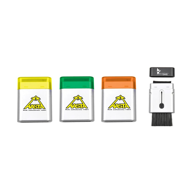 A set of three computer brushes in yellow, green, and orange with a silver body, featuring a black-bristle cleaning tool.