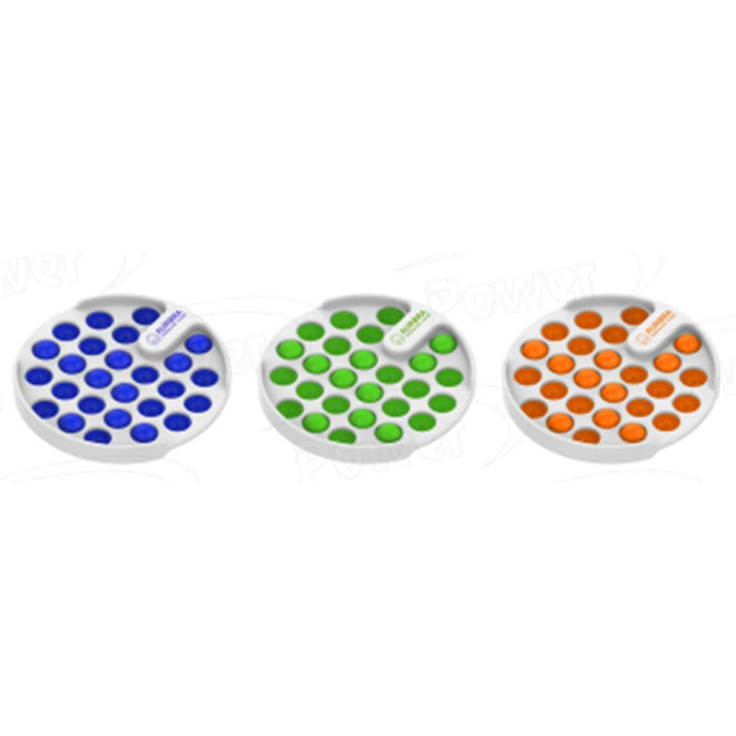 Three circular novelty bubble poppers in blue, green, and orange, each with a white rim and branding.