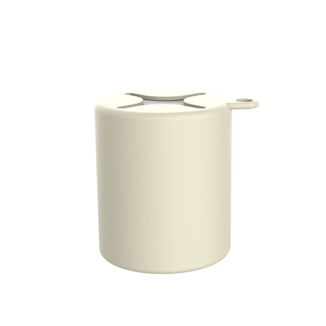 A cream silicone case designed to hold a poncho, featuring a small opening and a handle.
