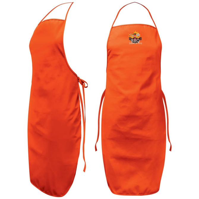 An orange bib apron featuring a logo, designed for workwear use, with adjustable ties at the waist.