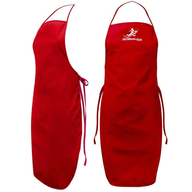 A red bib apron with a logo, featuring a halter neck and adjustable ties on the side.