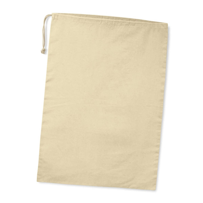 A beige ham storage bag made of cloth, featuring a drawstring closure at the top.