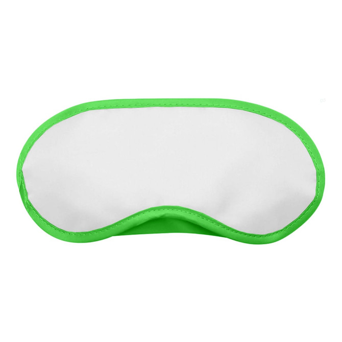 A sleep eye mask in white with a bright green border, featuring a simple, curved design and a logo.