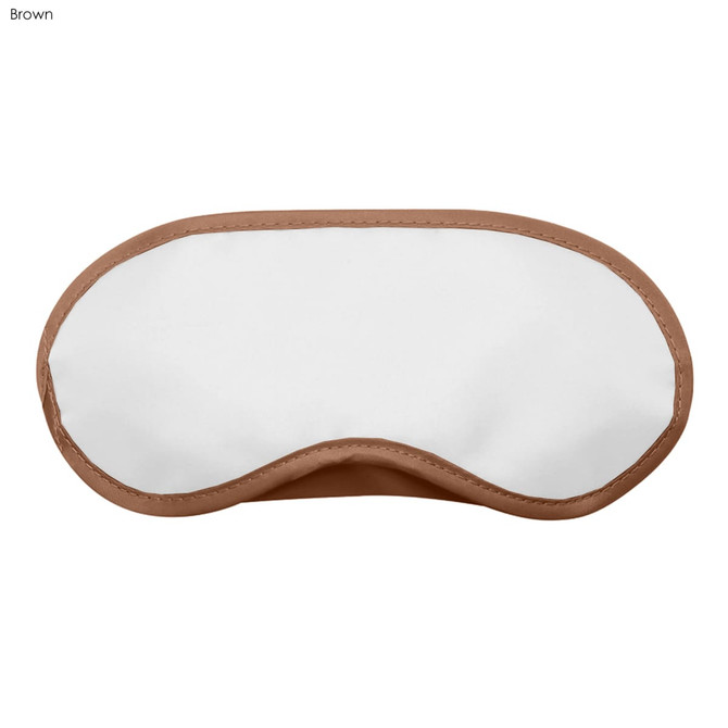 A brown and white sleep eye mask with a smooth texture, featuring a simple design and a logo.