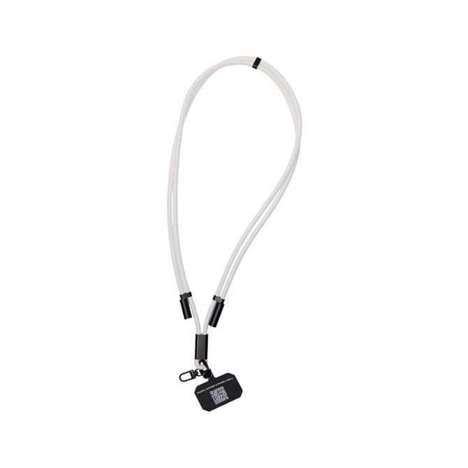 A phone lanyard designed for carrying devices, featuring an adjustable strap and a clip for secure attachment.