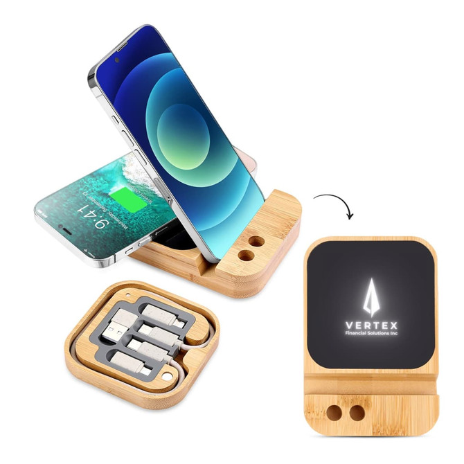 A bamboo wireless charger set with a sleek design, featuring compartments for devices and a logo on the charging base.