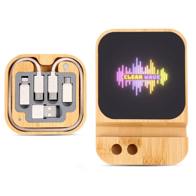 A wireless charger set in bamboo, featuring a compartment for cables and a colorful light display on top.