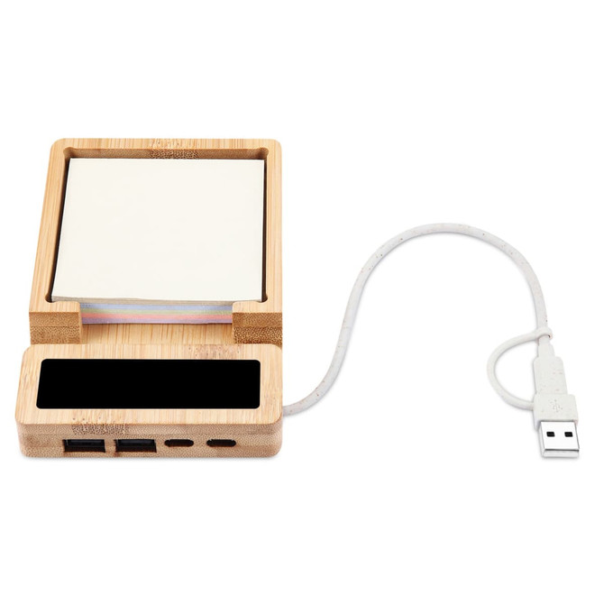 A bamboo USB and note hub featuring a space for sticky notes, multiple USB ports, and a connecting cable.