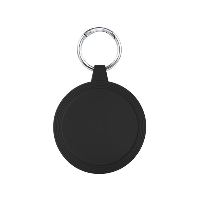 A circular black keyring with a metal clip, featuring a textured design on the edge.