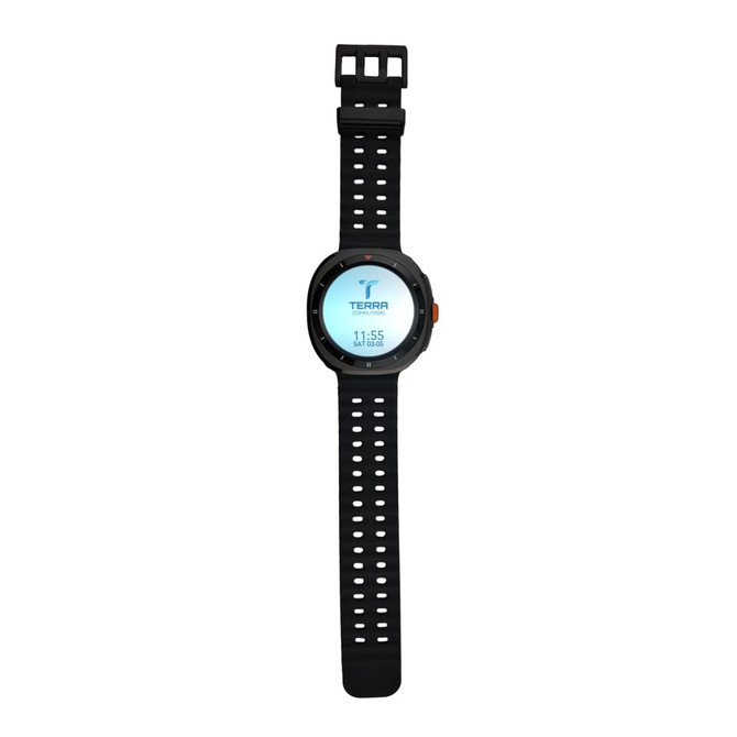 A black smart watch with a round face and a rubber strap featuring multiple holes for adjustability. 