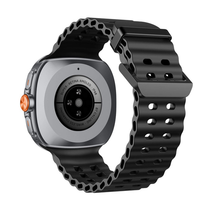 A sleek black smart watch featuring a silver casing and an orange button, with a black perforated strap.