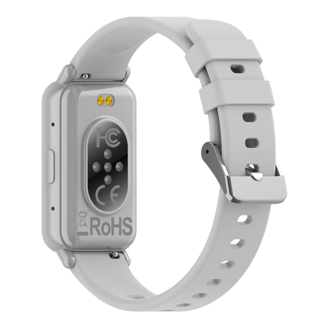 A grey slim smartwatch with a rectangular display and a soft strap, featuring a logo on the back.