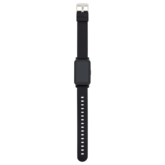 A sleek black smartwatch with a rectangular face and a rubber strap featuring multiple adjustment holes.