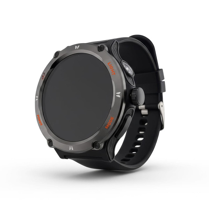 A smart watch with a round black display and a black strap, featuring metallic accents and buttons.