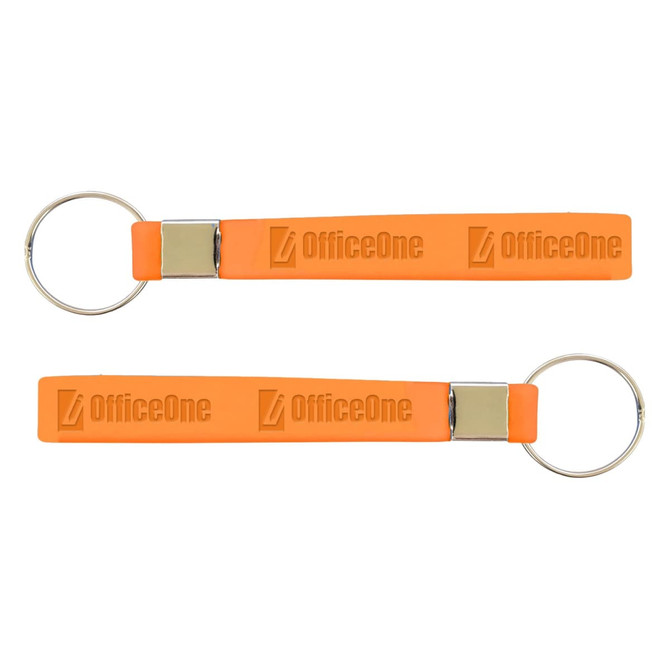 An orange silicone strap keytag with a metal ring and branding, featuring a smooth design.