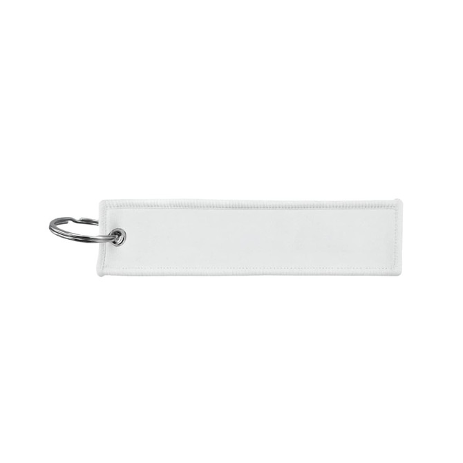 A white woven keytag with a silver keyring attachment and a plain design.