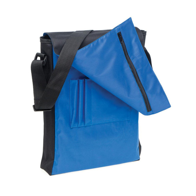 A blue and black satchel with a zippered flap and front pockets, featuring an adjustable shoulder strap.