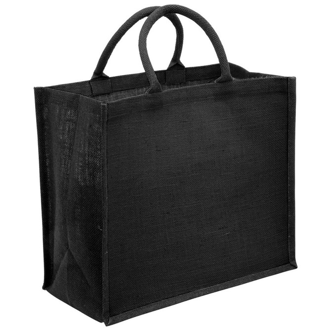 A black eco jute tote bag with a wide gusset and sturdy handles. It features a plain design without visible branding.