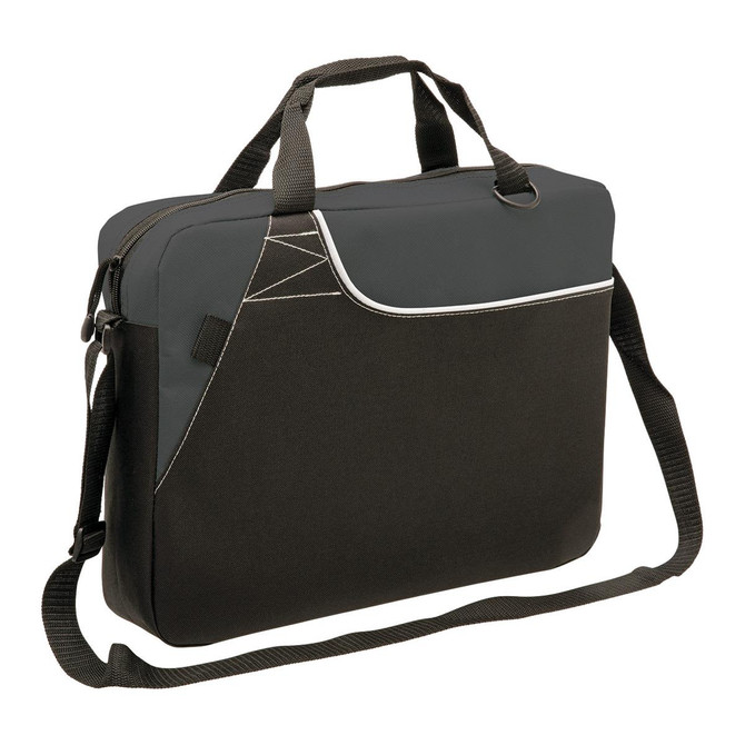 A black and grey laptop bag with a shoulder strap, featuring a logo on the front.