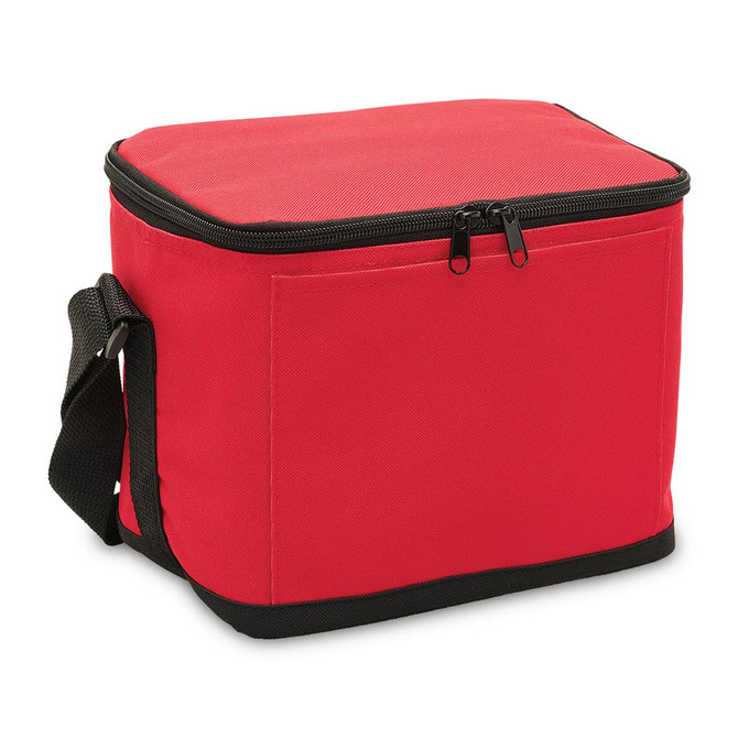 A red cooler bag featuring a zip closure and a black shoulder strap. It has a front pocket and a logo.