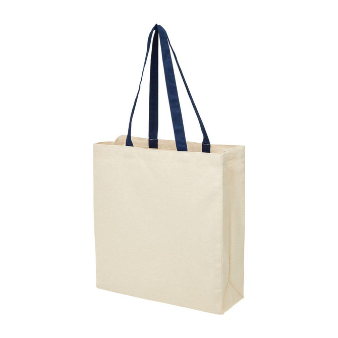 A heavy-duty canvas tote in natural colour with navy blue handles and a gusset for added capacity.