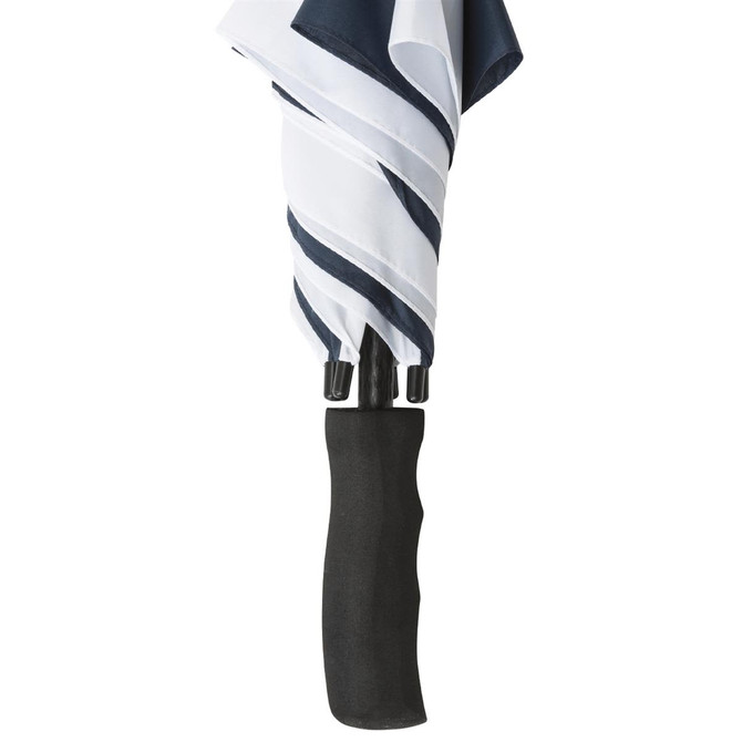 A navy and white striped umbrella with a black handle and grip, featuring a logo on the handle.