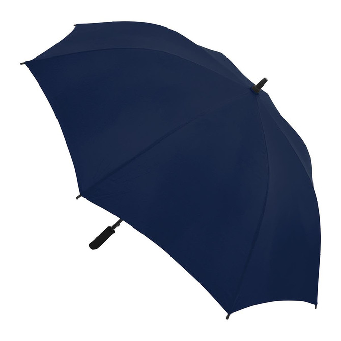 A navy blue umbrella with a sleek, curved handle and a black branding logo.