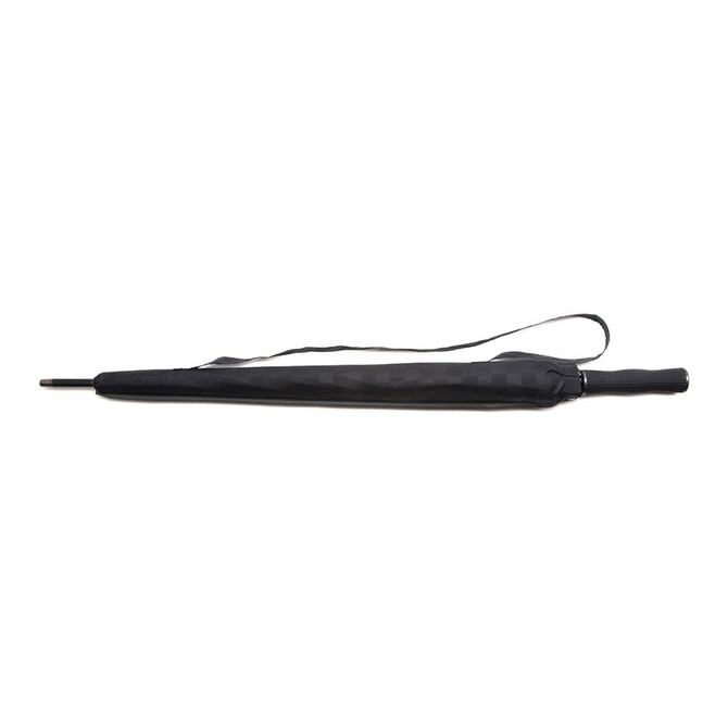 A black umbrella with a textured handle and a carrying strap, featuring a logo on the sleeve.