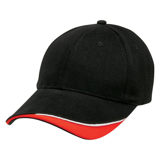 A black cap with a red and white accent on the visor, featuring a logo on the front.