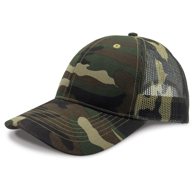 A camo trucker cap featuring a camouflage design with a mesh back and a curved brim.