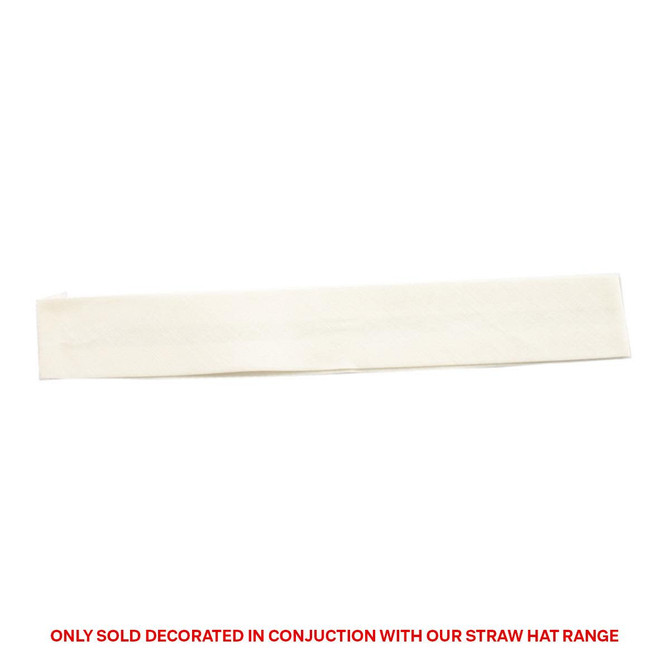A white cotton hatband with a simple design, featuring a logo.
