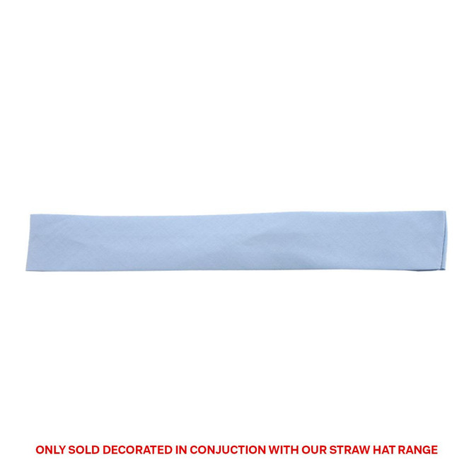 A light blue cotton hatband with a logo, designed to complement straw hats.