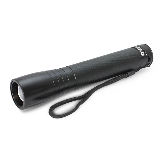 A black torch with a textured grip and a wrist strap, featuring a reflective lens at the front.