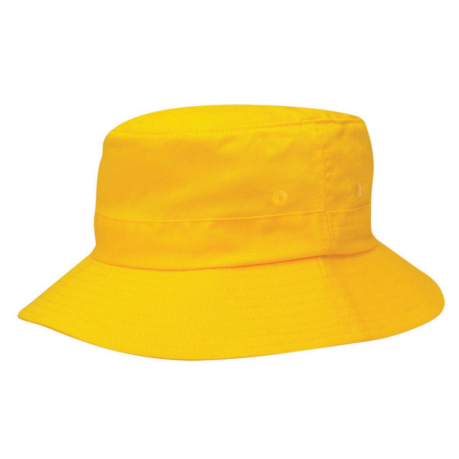 A bright yellow kids' twill bucket hat with a wide brim and toggle, featuring a logo on the side.