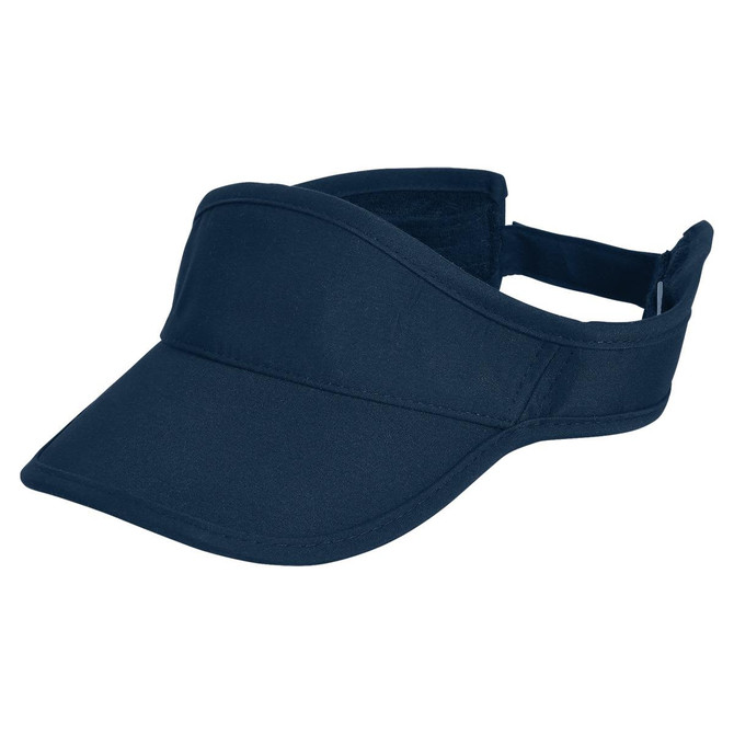 A navy sports visor with a wide brim and an adjustable strap. It features branding on the side.