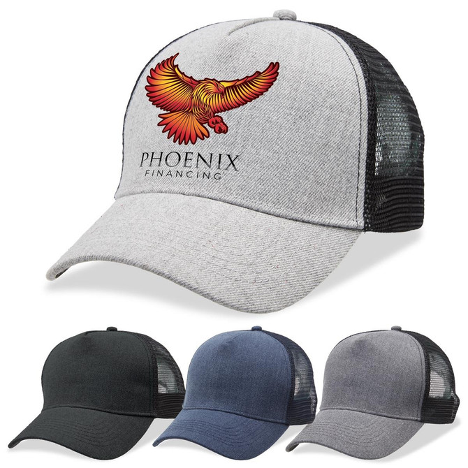 A heathered grey trucker cap with a black mesh back, featuring a logo, available in black, navy, and charcoal.