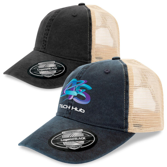 A cap featuring a black front and a beige mesh back, with a logo on the front panel.